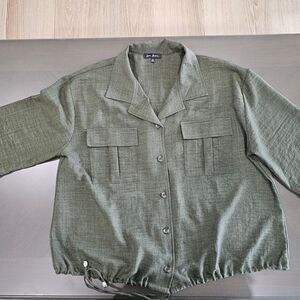 Olive Green Button-Front Drawstring Blouse XL